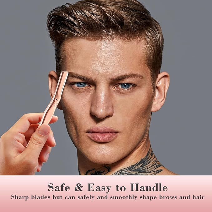 Eyebrow Razor for Women and Men, Face Razors for Women, Dermaplane Razor with Protective Silicone Cover, Reusable Metal Handle with 6 Refill Blades, Skin Care Tool - Rose Gold