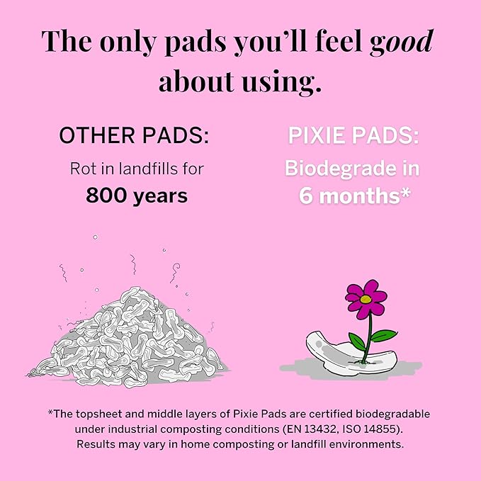 Pixie Organic Cotton Mini Pads with Wings for Women & Teens - Ultra Thin, Light Absorbency Menstrual Pads - Hypoallergenic, Unscented & Biodegradable - 16 Count
