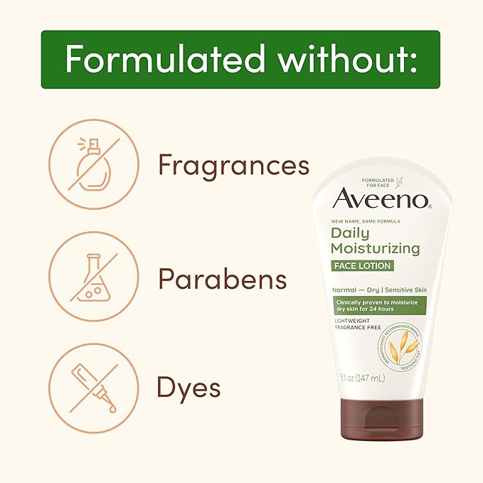 Aveeno Daily Moisturizing Face Lotion with Soothing Prebiotic Oat, Lightweight Non-Greasy Facial Moisturizer for Normal to Dry, Sensitive Skin, 24-Hour Moisture, Fragrance-Free, 5 oz
