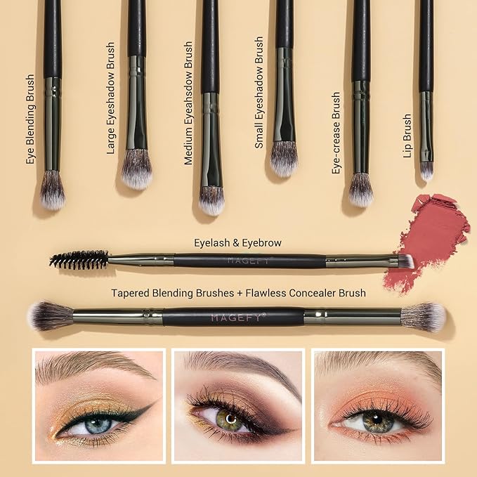 MAGEFY Makeup Brushes 12Pcs with Bag, Double-End Multi-functional for Foundation Powder Blush Eyeliner Eyeshadows brushes with Gift Box,Black