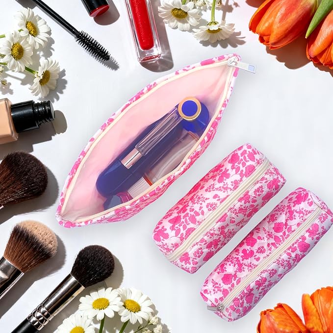 3 Piece Pink Quilted Floral Makeup Bag Set Small Cosmetic Bag For Women Cute Cotton Makeup Pouch For Purse