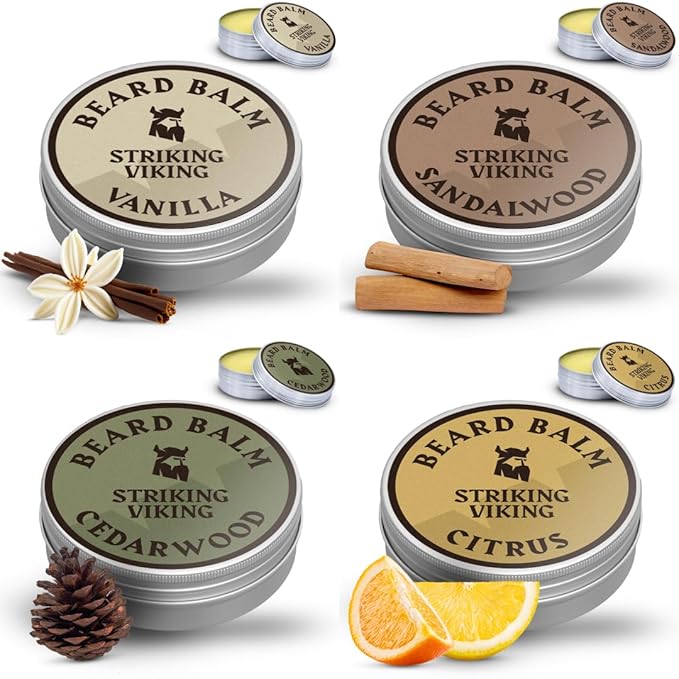 Beard Balm for Men - Leave in Beard Conditioner - Styling Balm Made with Naturally Derived Beard Butter, Argan & Jojoba Oils (1 Ounce (Pack of 4), Citrus, Vanilla, Sandalwood, & Cedarwood)