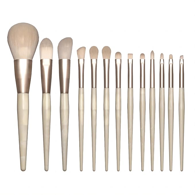 BRUSH ARTIST 13 PCs Premium Synthetic Champagne Makeup Brush Set with Cotton Cosmetic Bag, Foundation Sponge, Face Powder Brush, Contour Brush, Blush Brush, Eyeshadow Brush, Concealer Brush