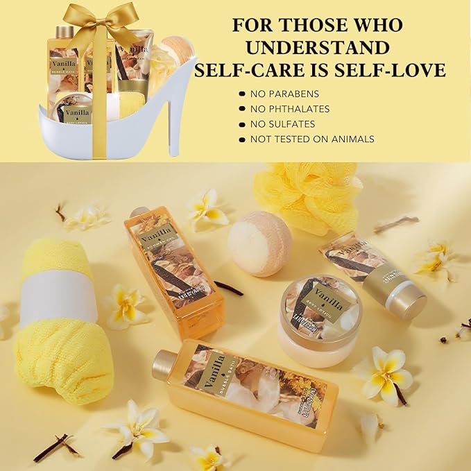 Cozy Vanilla Gifts for Women Spa Basket, High Heel Bath Set with Bubble Bath & Shea Butter, Christmas Birthday Gifts for Mom, Her, Best Friend