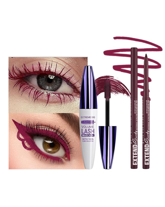 Burgundy Red Mascara and Eyeliner Set,5D Waterproof Burgundy Mascara Volume and Length Natural Lengthening Curling,SmudgeProof Red Eyeliner Pencil,Natural Eye Makeup Gift Kit for Women in Halloween-07