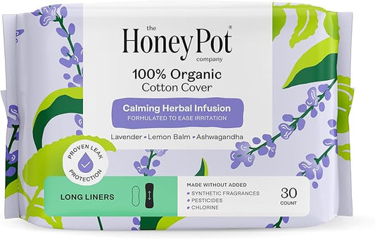 Honey Pot 100% Organic Cotton Cover Calming Herbal Infusion Long Liners, 30 Count