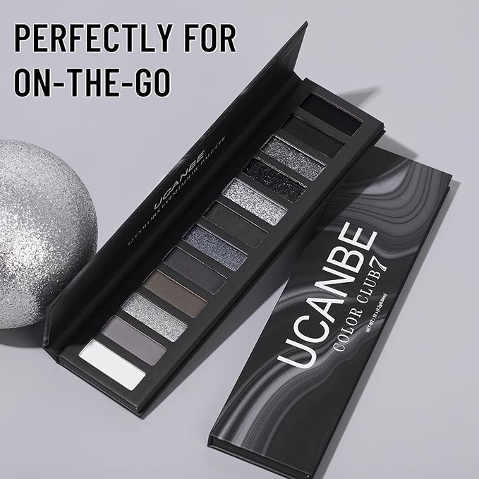 UCANBE Smokey Eyeshadow Palette, Dark Black White Gray Silver Natural Nude Matte Shimmer Eye Shadow Make Up Pallet for Smoky Emo Goth Makeup, 12 Color High Pigmented Long Lasting Waterproof Pallete