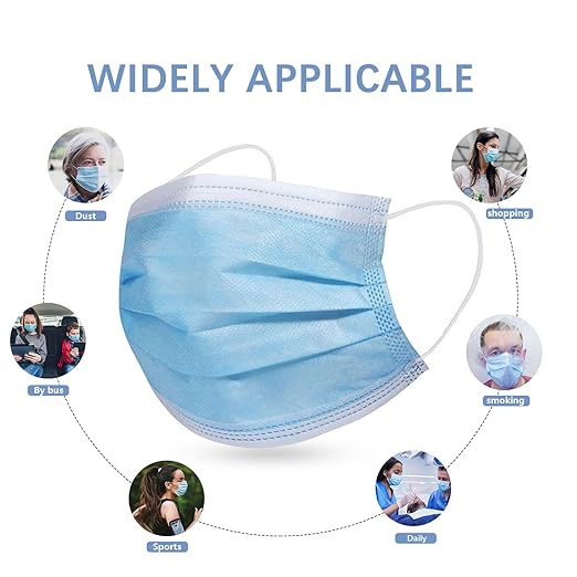 DC-BEAUTIFUL 100 Pcs Blue Disposable 3 Ply Earloop Face Masks,Fit for Adults