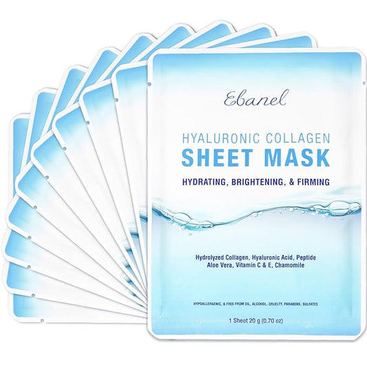 Ebanel 10 Pack Collagen Face Mask with Hyaluronic Acid, Vitamin C, Peptide, Aloe, Instant Brightening Hydrating Face Masks Skincare Korean Sheet Mask, Skin Firming, Lifting Anti Aging Facial Masks