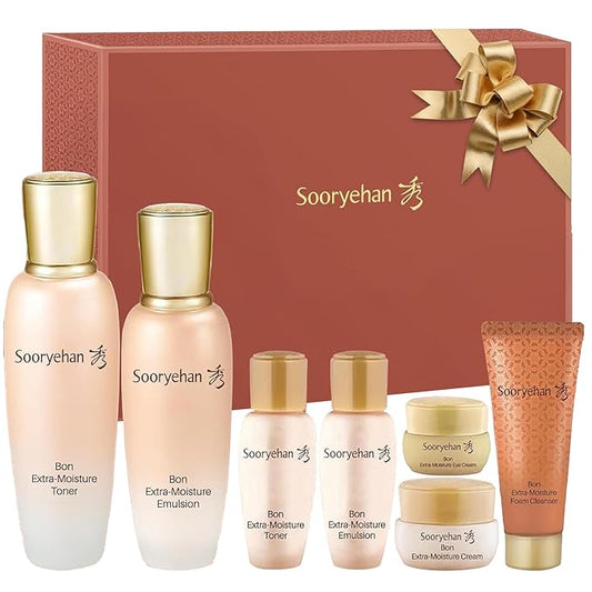 Sooryehan Bon Extra Moisture Korean Skin Care Gift Set (13.01 Fl Oz) - Luxury Premium High-end by LG Beauty. Hydrating Toner, Emulsion Lotion, Cleansing Foam, Eye Cream.
