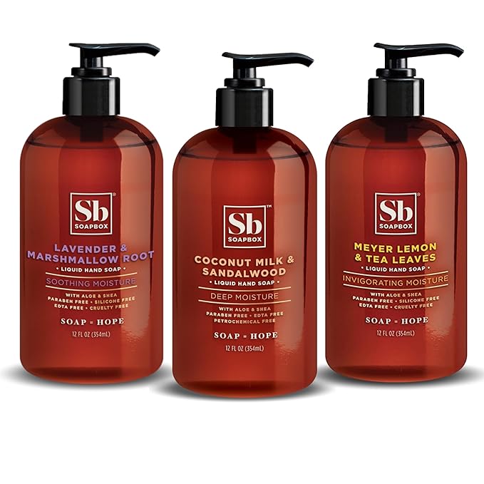 Soapbox Hand Soap Variety Pack (Coconut, Lavender, Meyer Lemon) Liquid Hand Soap, Moisturizing Wash with Shea Butter & Aloe Vera, Pack of 3 Bottles with Pump Dispenser, 12oz Each