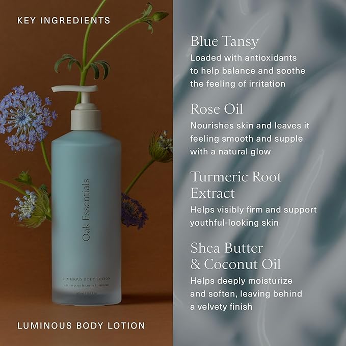 Oak Essentials Luminous Body Lotion | Hydrating Blue Tansy Body Lotion with Rose Oil, Turmeric, Shea Butter and Coconut Oil, 10.1 Fl Oz