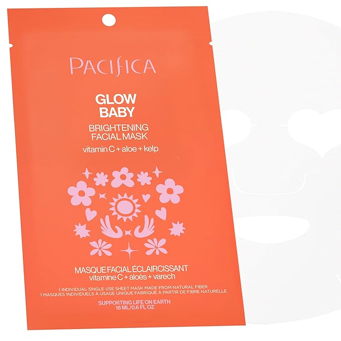 Pacifica Sheet Face Mask - 12 Pack - Glow Baby Brightening Facial Mask w/Vitamin C, Aloe & Kelp – Cooling Mask for Dark Spots & Fine Lines - Clean Beauty Vegan & Cruelty-Free Dermatologist Tested