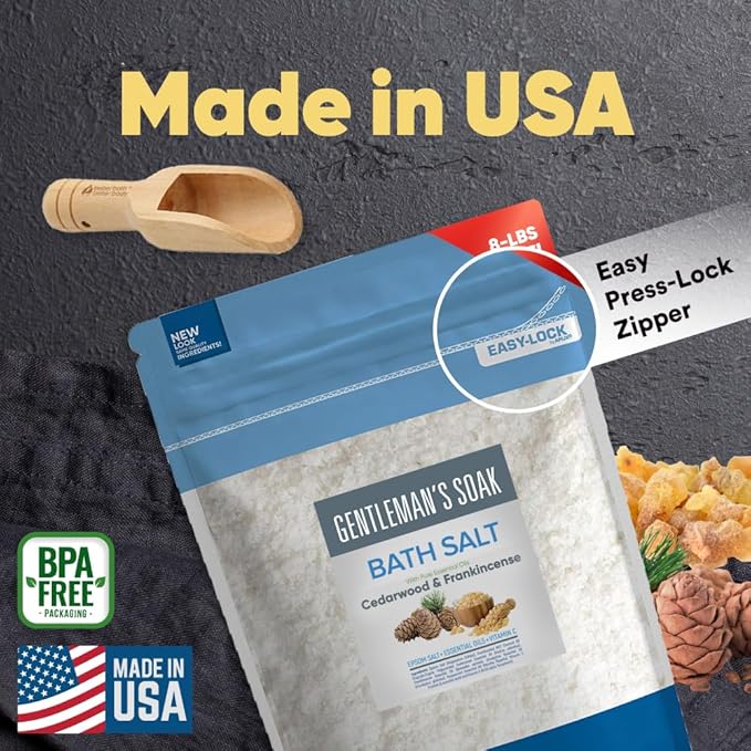 Gentleman's Bath Salt 128 Ounces Epsom Salt with Natural Cedarwood, Frankincense, Eucalyptus and Peppermint Essential Oils Plus Vitamin C in BPA Free Pouch with Easy Press-Lock Seal