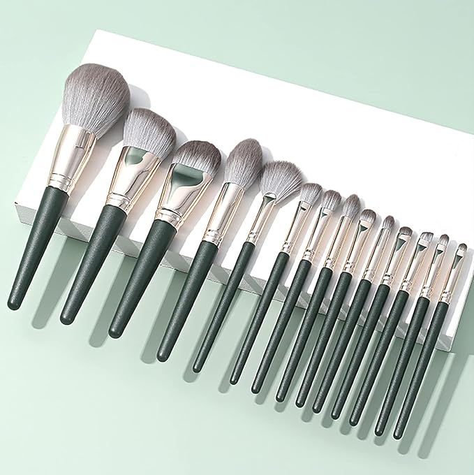 Professional Makeup Brush Set, 13 Pieces, Green Handle with Silver Ferrule, Travel Case Included