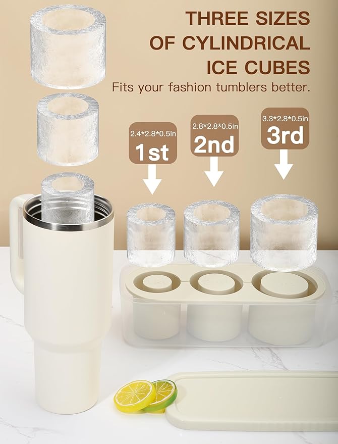 Ice Cube Tray for Tumbler Cup 30Oz-40Oz, 3 Pcs Silicone Cylinder Ice Mold with Lid and Bin for Freezer, Easy Fill and Release Ice Maker for Whiskey, Cocktail BPA-Free