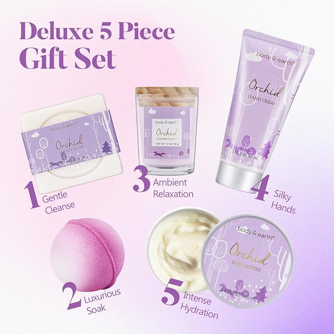 Spa Gifts for Women, Body & Earth 5 Pcs Gifts for Women Orchid Gift Sets, Bath and Body Womens Bath Gifts, Christmas Gift