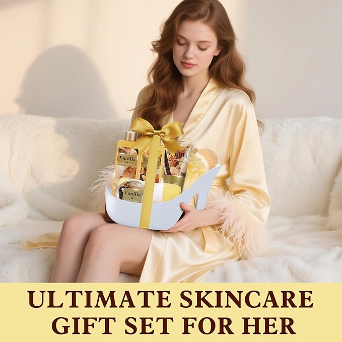 Cozy Vanilla Gifts for Women Spa Basket, High Heel Bath Set with Bubble Bath & Shea Butter, Christmas Birthday Gifts for Mom, Her, Best Friend