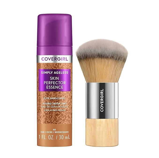 Covergirl Simply Ageless 60 Tan Foundation, Blending Brush - Skincare Makeup with Bakuchiol & Tranexamic Acid, Sheer Tint, 1oz