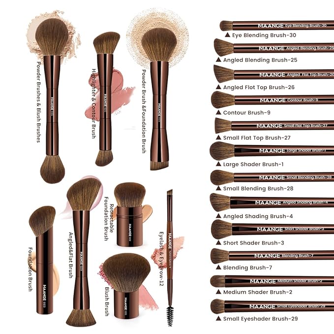 MAANGE 20 PCS Makeup Brush Set with Bag, Double-ended Kabuki Brush Foundation Contour Brush for Liquid Powder Concealer Eye Shadows Cream Cosmetics Blending Blush Face Makeup Tools (Brown)