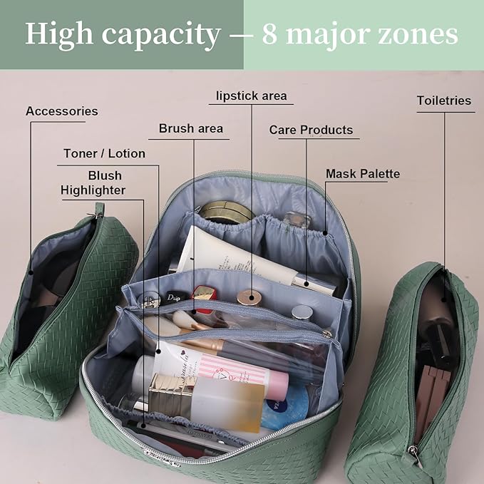 BOYATU Travel Makeup Bags for Women: Large Cosmetic Bag Waterproof - Vegan Leather Make up Bag Set of 3 - Compact Toiletry Organizer with Compartments & Handle & Divider (L05 Grass Green)