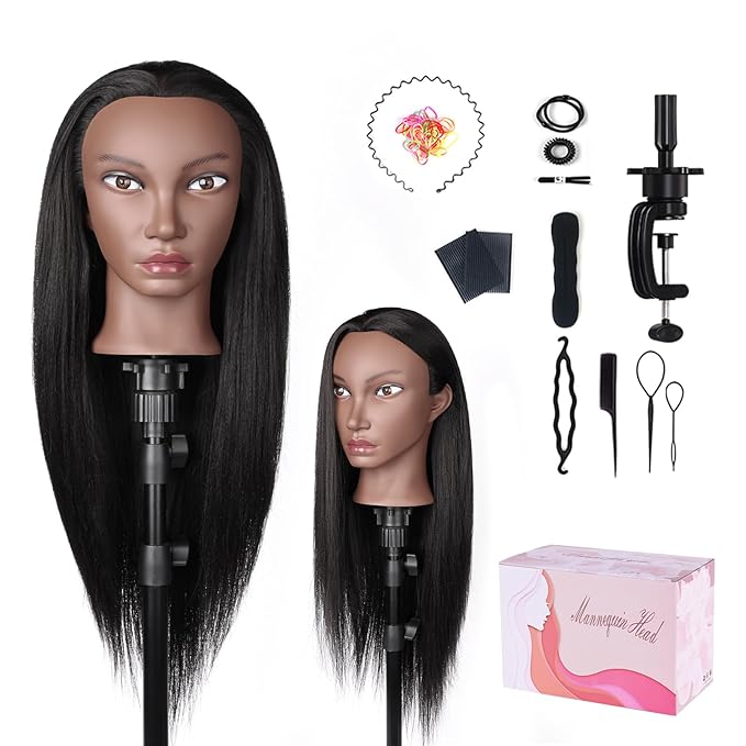 Beauty Star Mannequin Head, Manikin Doll Head 80% Real Human Black Hair for Styling, Cosmetology Makeup Hairdressing Training Practice Head with Clamp Stand and DIY Hair Styling Braiding Set