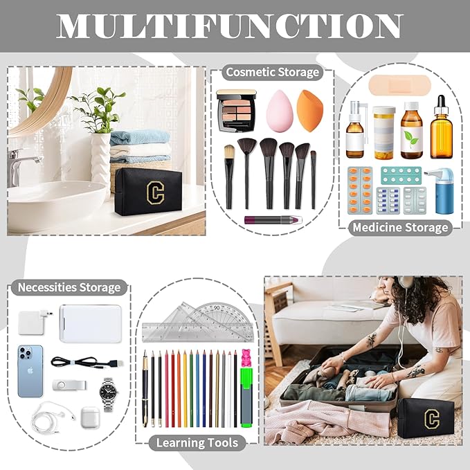 Personalized Initial A-Z Preppy Patch Makeup Bag,Small PU Chenille Letter Cosmetic Bag with Zipper for Teen Girls,Black Cute Toiletry Organizer Bag,Monogram Makeup Case Gift for Women Girls,Letter C