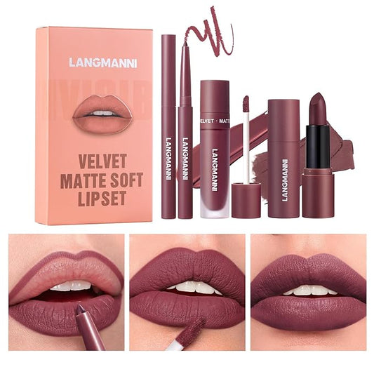 LANGMANNI 3 in 1 Matte Velvet Lipstick Set-Lip Liner,Lip Gloss and Lipstick Combo,Perfect for Natural Lip Contour,Waterproof And Longlasting Effect Lip Makeup,Unique Festival Gift (#06, Pack of 1)