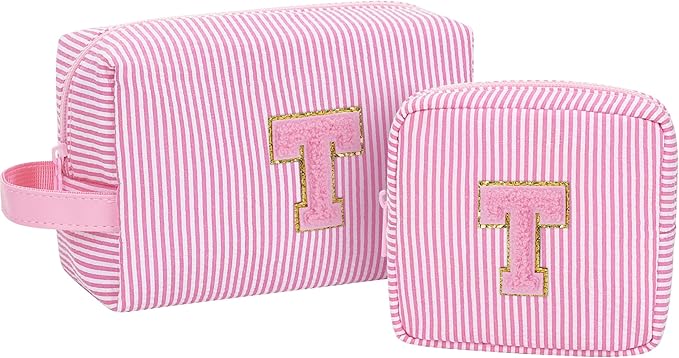 Initial Makeup Bag Cosmetic Bag Bridal Shower Gifts - Bridesmaid Bag,Bridesmaid Proposal Gifts for Wedding Day,Maid Matron of Honor Gift, Bride to be Gifts,Bachelorette Party Favors,2PCS,Pink T