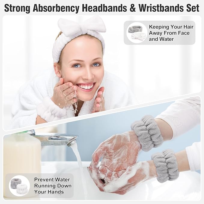Spa Headbands for Women with Wristband Set: Facial Makeup Headbands for Girls & Teens - Soft Coral Fleece Elastic Hair Wraps with Wrist Accessories for Washing Face Shower Bath Beauty Skincare Gifts