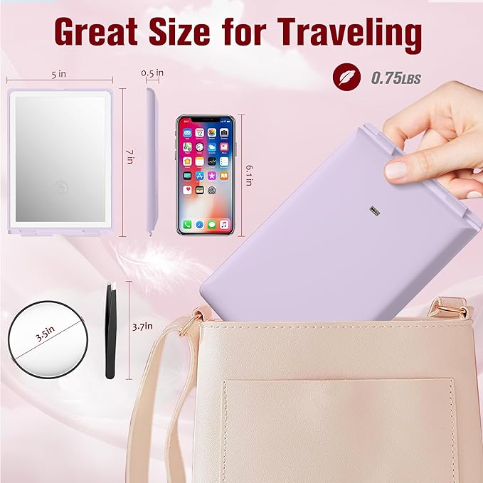 Travel Makeup Mirror with Lights, Rechargeable Portable Folding Compact Mirror with Tweezer, Lighted Makeup Mirror with 72 LED 3 Color Light Modes, Dimmable Touch Screen LED Mirrors-Purple