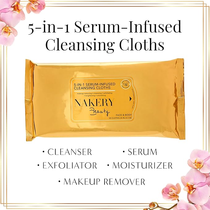 Nakery Makeup Remover Wipes for Face, 5-in-1 Infused Cleansing Towelettes, Gentle Exfoliating Wipe for Women, Eye Makeup Eraser for Sensitive Skin, Anti Aging Skincare, Hydrating Formula