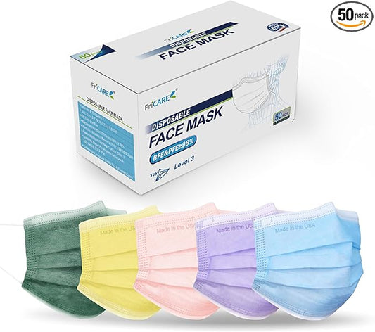 FriCARE Made in USA Disposable Face Masks, 3-Ply ASTM Level 3 Medical Grade, Breathable & Comfortable for Adult Daily Work/Sun Protection, 50 Pack Tropical Prism