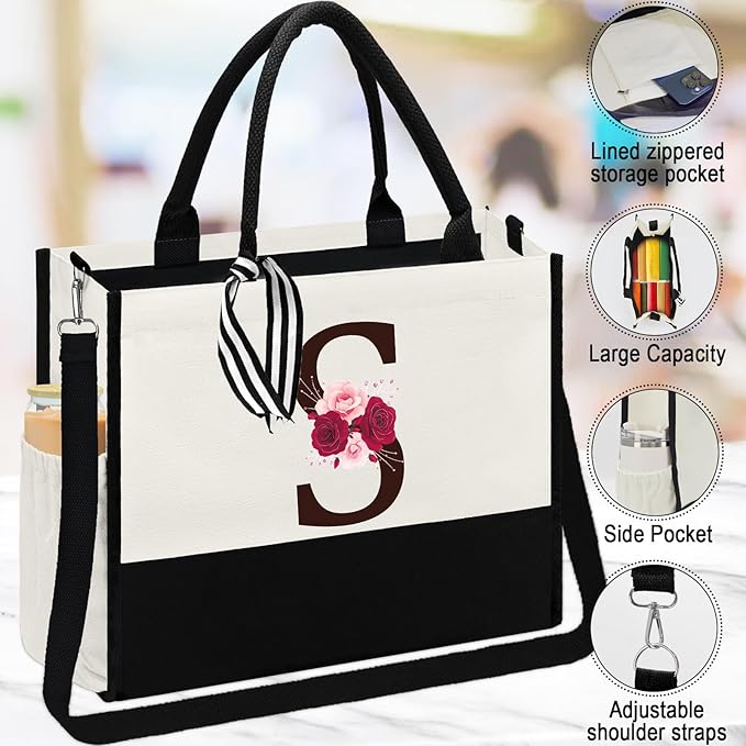 Birthday Gifts for Women,Initial Canvas Tote Bag,Initial Gift for Women,16oz Initial Glass Cup,Initial Makeup Bag with Zipper,Jewelry Organizer Box,Personalized Gifts for Mom-S