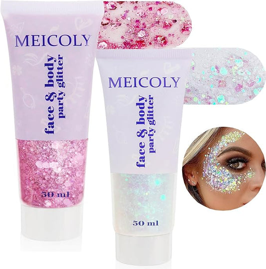 MEICOLY Pink and Clear White Face Body Glitter Set,Pink Face Glitter Gel,Singer Concerts Festival Rave Accessories,Glitter Face Paint for Women Kids,Mermaid Glitter Makeup,Body Glitter for Women