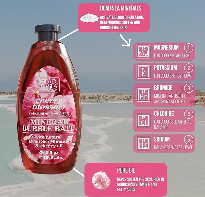 Dead Sea Collection Bubble Bath for Women and Men - with Cherry Oil and Pure Minerals - Nourishing and Moisturizing Skin - 33.8 Fl. Oz