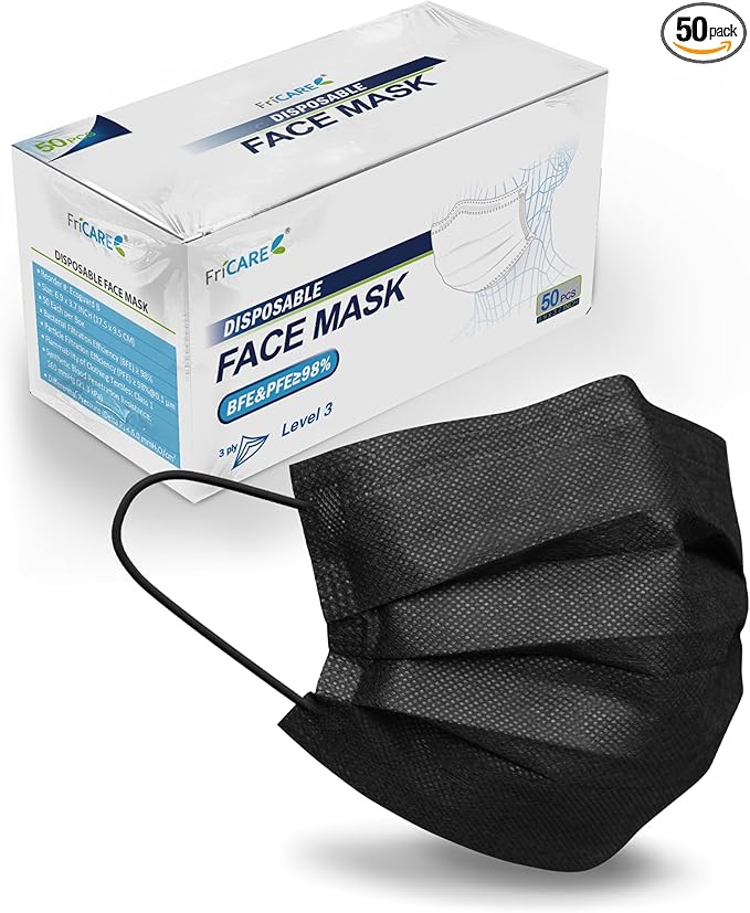 FriCARE Disposable Face Masks, 3-Ply ASTM Level 3 Medical Grade, FSA/HSA Eligible, Breathable & Comfortable for Allergy/Sun Protection, 50 Pack Black