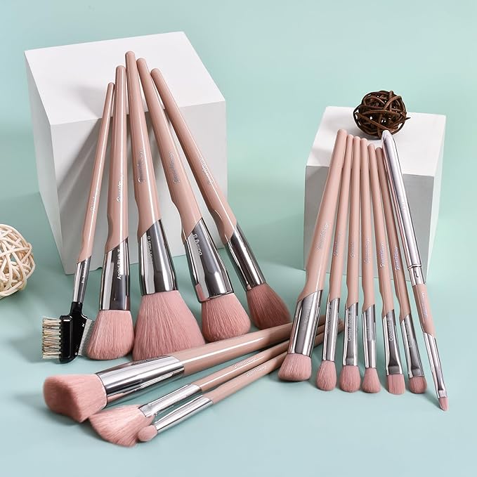Bueart design 16Pcs ULTRA SOFT Labeled Best Makeup Brushes set with Travel Holder case face Contour Foundation brushes (16Pcs Elegant+Pink Holder)