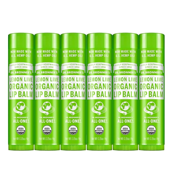 Dr. Bronner’s Organic Lip Balm 6-Pack (.15oz) Natural, Moisturizinging, Petroleum-Free Lip Balm with Beeswax & Avocado Oil for Dry Lips, Men & Women - Lemon Lime