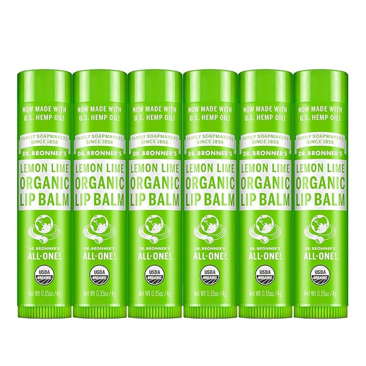 Dr. Bronner’s Organic Lip Balm 6-Pack (.15oz) Natural, Moisturizinging, Petroleum-Free Lip Balm with Beeswax & Avocado Oil for Dry Lips, Men & Women - Lemon Lime