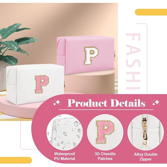 Personalized Makeup Bag Initial A-Z Preppy Patch Bag,Small PU Leather Travel Cosmetic Bag Pouch with Zipper,White Cute Toiletry Bag,Gift Ideal for Teen Girls Women Birthday Friend Mom,Letter P