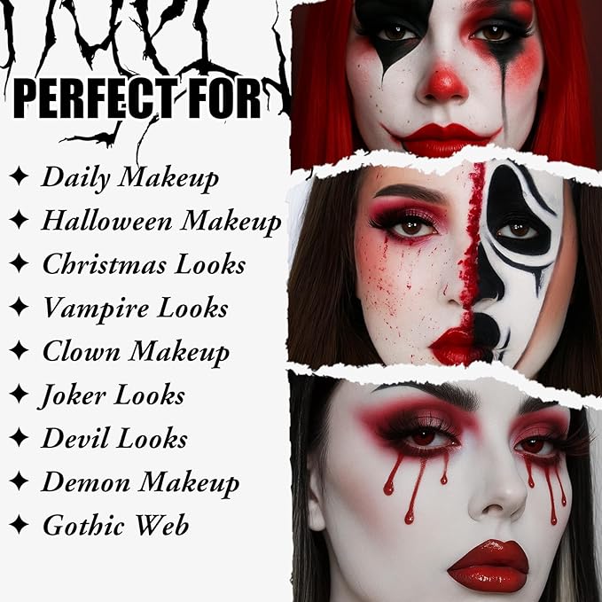 UCANBE Red Halloween Makeup Kit – Clown Vampire Joker Demon Makeup Set for SFX Costume Cosplay with Eyeshadow Palette, White Foundation, Red Liquid, Black Eyeliner, Setting Powder & Sponges