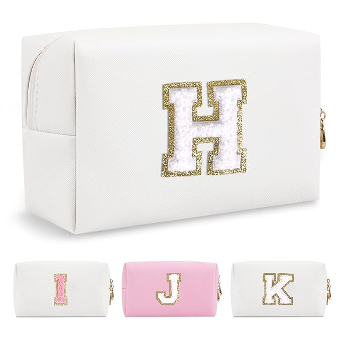 Small Personalized Initial A-Z Preppy Patch Makeup Bag,White PU Chenille Letter Travel Cosmetic Pouch with Zipper,Cute Toiletry Bag,Gift Ideal for Teen Girls Women Teacher Bridesmaid,Letter H