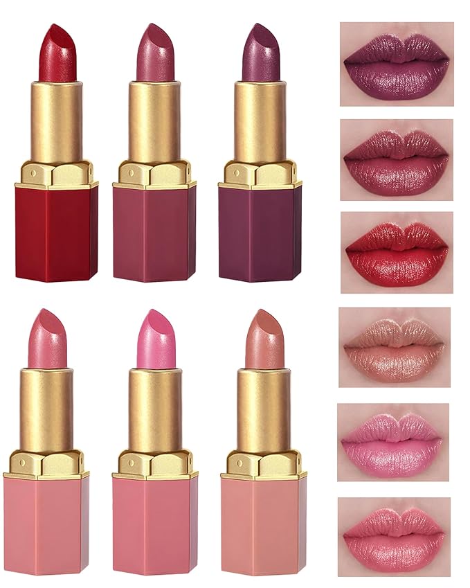 6 Pcs Glitter Lipstick Brown Nude Pink Purple Red Sets, Matte Shimmer Light to Dark for Women Long Lasting 24 Hours Lip Gloss, Sparkling Shiny Waterproof Lip Stick Color Lip Stain labiales Makeup Gift