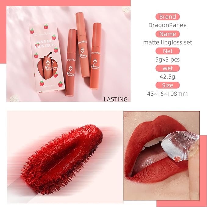 Sulily 3Pcs Dark Red Matte Lipstick Set,Red Matte Lipstick Long Lasting for Women,Velvet Air Moisture Smooth Crayon Lip Stain,24 Hours Wear Non-Stick Cup Not Fade Waterproof Lip Gloss Makeup