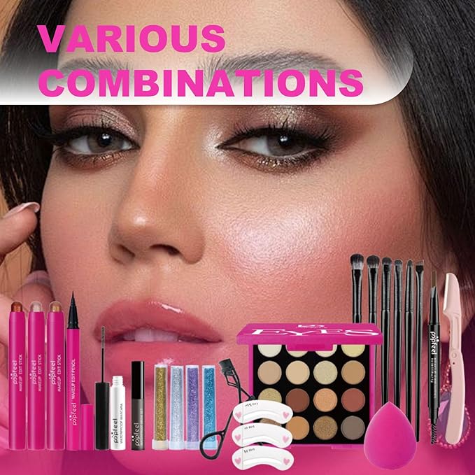 Eyes Makeup Sets Makeup Kits for Teens,with 16 Colors Eyeshadow Palette,Makeup Brushes,Eyeshadow Stick,Eyebrow Pencil,Eyelash Curler,Eyeliner,Glitter Gel,Makeup Gift Set for Girls Women