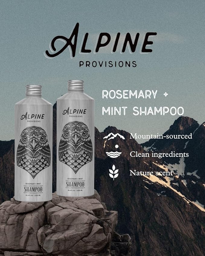 Alpine Provisions Rosemary & Mint Shampoo for Men & Women- Naturally Repair, and Hydrate with Essential Oils, Jojoba, Aloe Vera - Vegan, Sulfate & Plastic Free - Plant-Based Hair Care 16.9 FL Oz