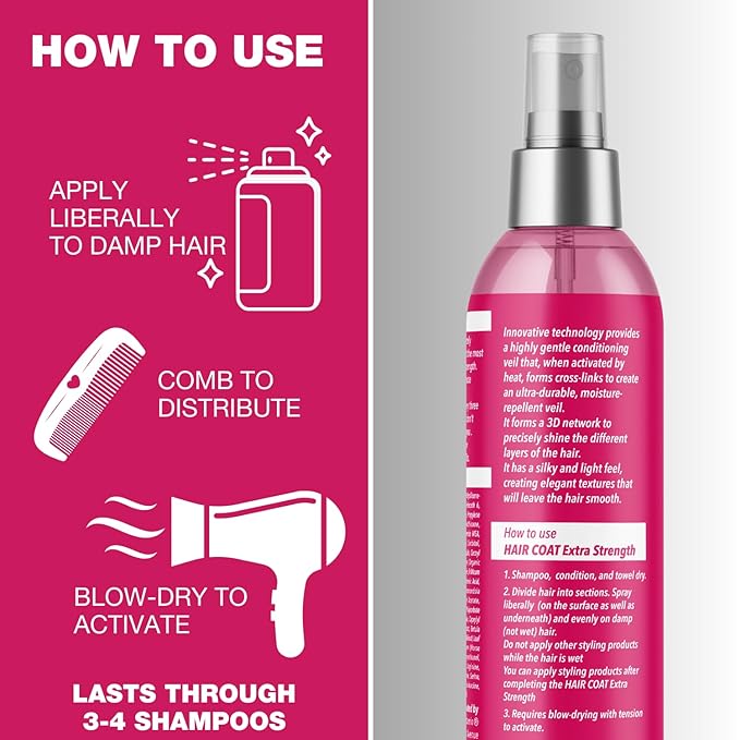 grow vitamin Hair Coat Extra Strength Spray - Anti-Frizz, Anti-Humidity, & Heat Protectant with Organic Grapeseed Oil - Lightweight, Alcohol-Free, Paraben-Free, Vegan Formula - 8 fl oz