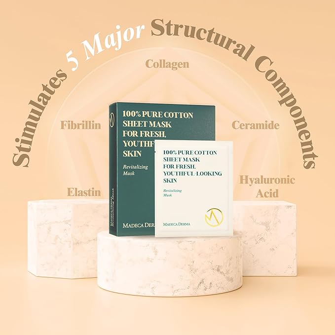 Madeca DERMA Revitalizing Sheet Mask 20pcs (100% Pure Cotton Sheets) with Centella Asiatica, Hyaluronic Acid, and Niacinamide – Korean Skincare for Hydration & Skin Brightening for All Skin Types