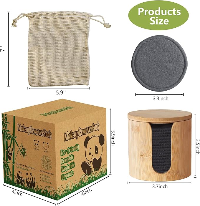 Reusable Cotton Rounds 16Pcs - 100% Natural Bamboo Cotton Pads for Face, Makeup Remover With Laundry Bag and Bamboo Holder (Gray)